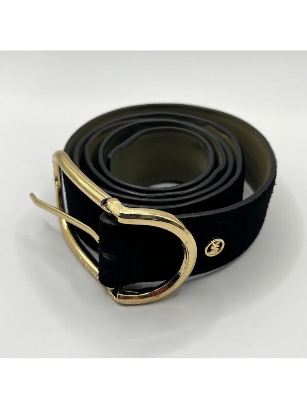 Michael Kors Black Suede Genuine Leather Belt Gold Oval Buckle Stud Logo | XL